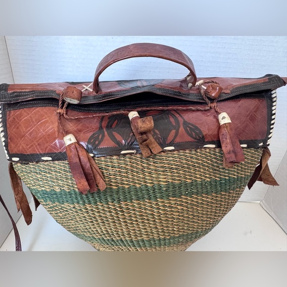 Vintage Boho Woven Tooled Leather Tote Beach Jute Bag Purse - Picture 3 of 12